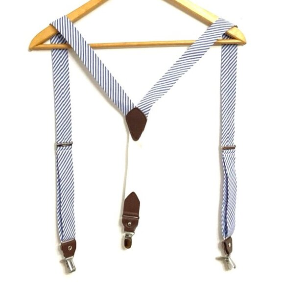 Gillmons Suspenders Men Adjustable Blue White Striped 1.25" Preppy Clips - Picture 2 of 4